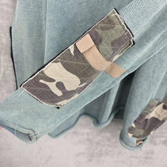 Express Sweater L Green Camo Lion Patches Elbows Side Heavy 90s Y2K Rolled Edges